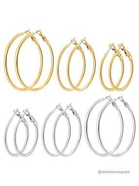 14K Gold Plated Stainless Steel Hoop Earrings Set 30mm 40mm 50mm Click-Top